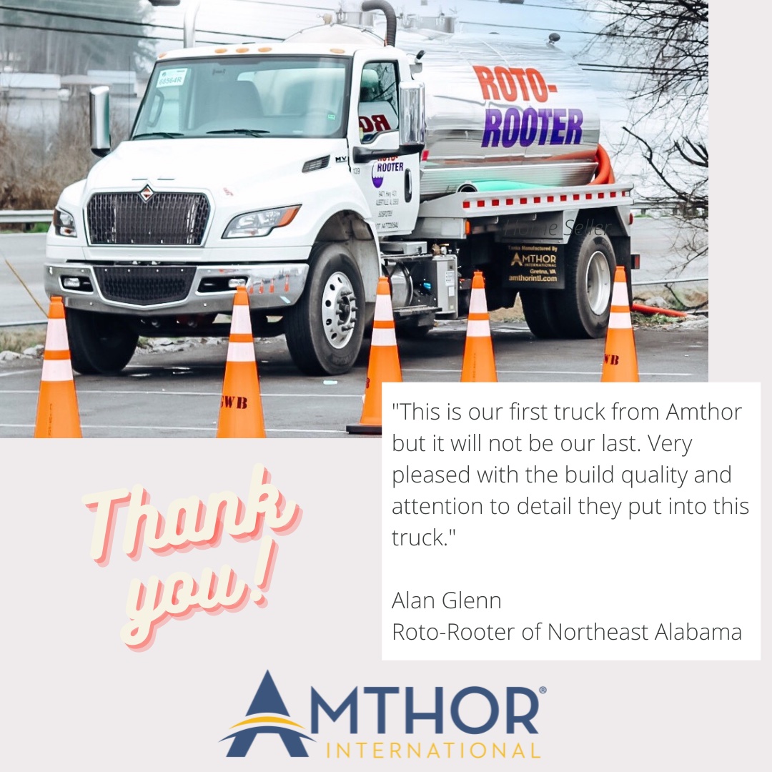 We are so lucky to have so many amazing relationships with so many amazing companies.  Thank you to Alan Glenn and his entire team at Roto-Rooter in Northeast Alabama for your continued loyalty to Amthor International.  

#Vacuumtruck #AmthorInternational #Thankfulthursdays