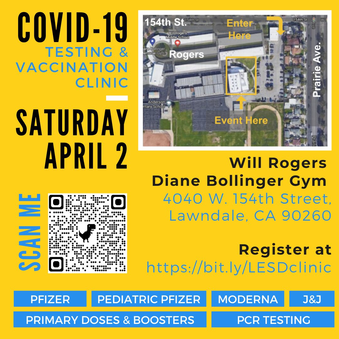 LESD will host a testing & vaccination clinic on Saturday, April 2nd at Will Rogers - Bollinger Gym from 9:00am - 2:00pm. To schedule a vaccination appointment, visit bit.ly/LESDclinic (no appointments needed for testing)
