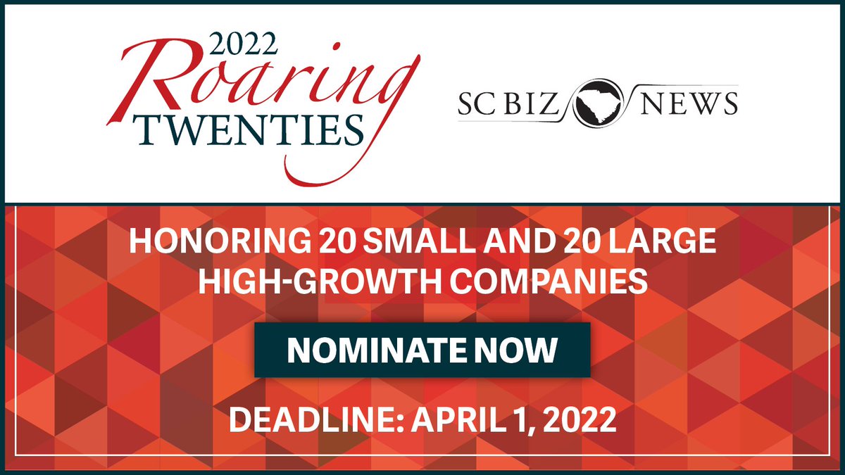 SCMFG's tweet image. It's no joke! Nominations for the 2022 @SCBIZnews Roaring Twenties close tomorrow. The top 20 rankings in each category will be revealed during a fast-paced countdown at the annual party and featured in a special edition of SCBIZ magazine.
➡️ bit.ly/22roar20noms
#r20sc