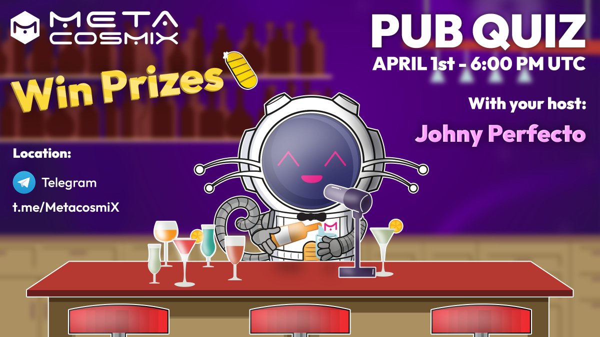 MetacosmiX's tweet photo. MetacosmiX fam, our next pub night is tomorrow, Friday 6 PM UTC on Telegram, featuring a special quiz with tons of $KBN prizes. Questions will be based on our project. Pro tip/hint: refer to Medium posts starting on 5 Dec 2021 https://t.co/JVFNtK5Vap