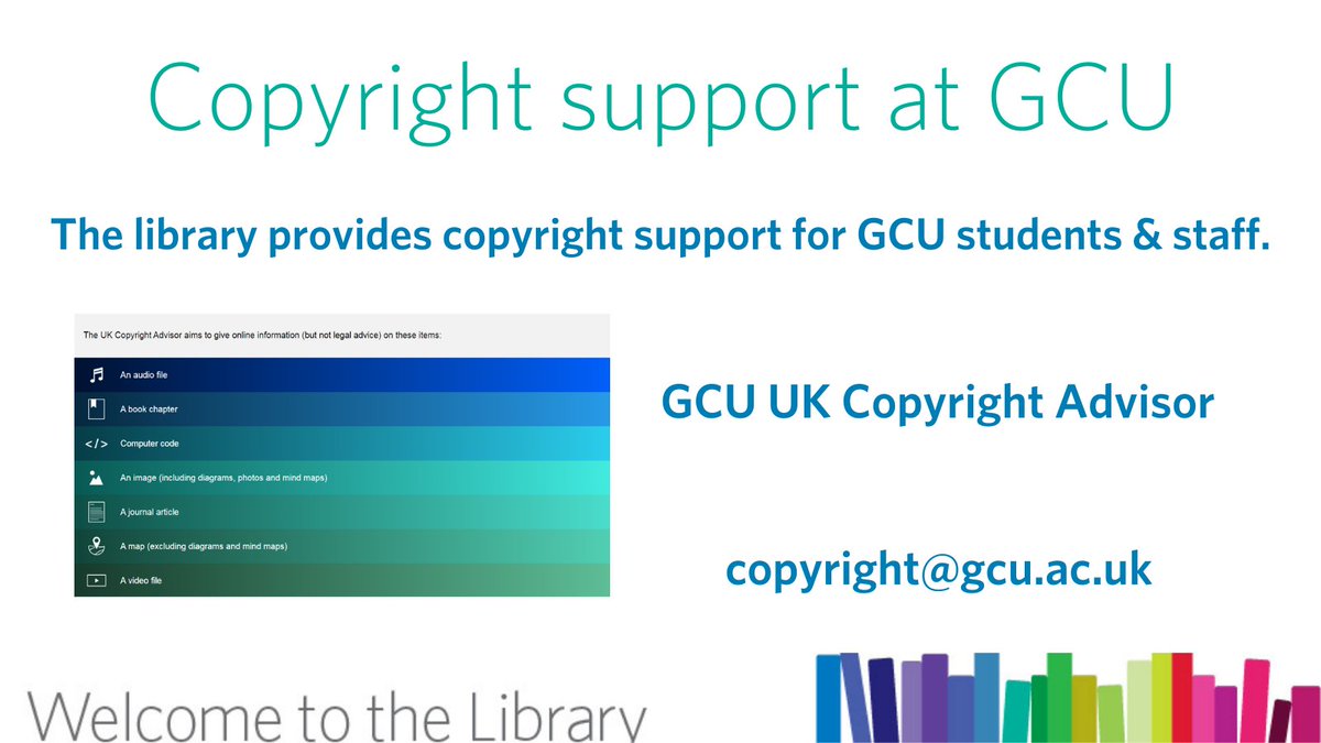 SAFLibraryGCU's tweet photo. Did you know the library provides copyright support for #GCUStudents &amp; #GCUStaff?

As a first port of call try our virtual (&amp; award winning!) copyright advisor: https://t.co/Z4saBaulfB

If you still need help, email us: copyright@gcu.ac.uk https://t.co/7qUNz2xmOu