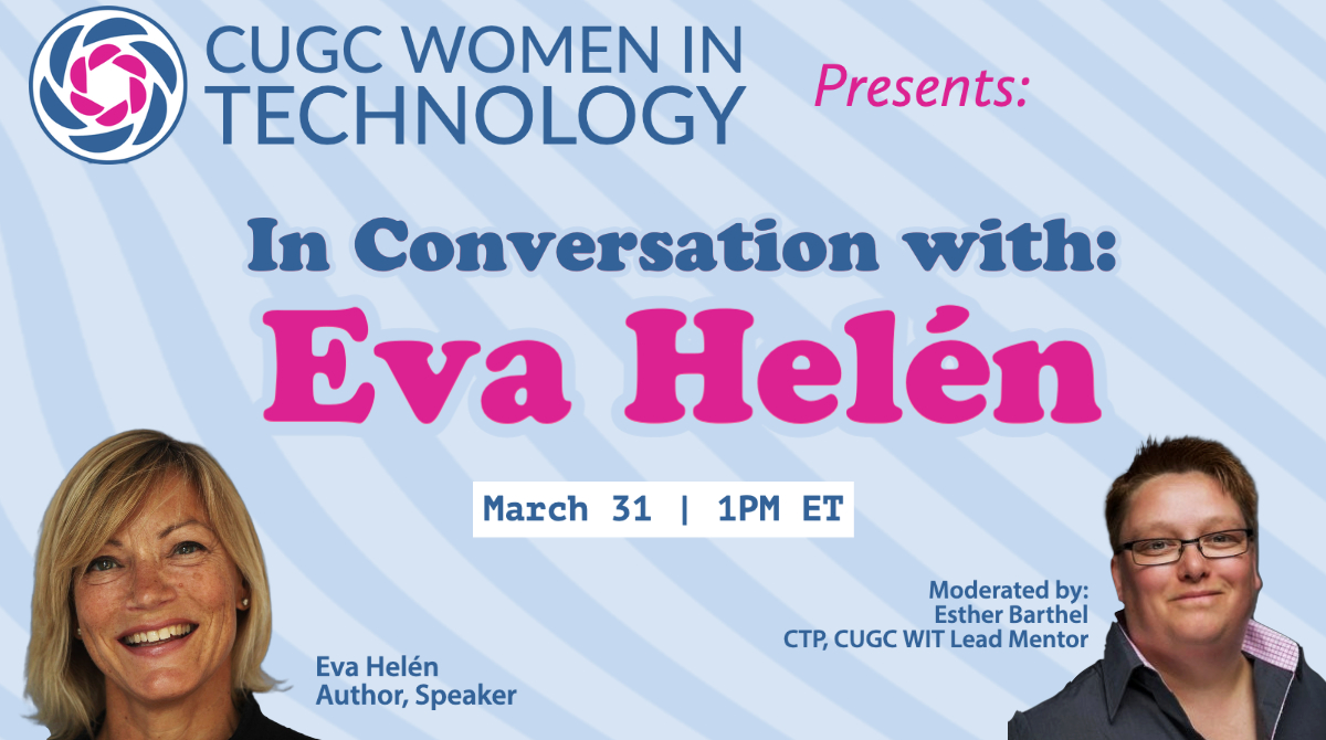 myCUGC's tweet image. TODAY! #myCUGC #WomenInTech founding mentor @virtuEs_IT talks with @ehelen about mentoring, supporting women in IT & so much more! This conversation is for all genders, to help promote a positive work environment for everyone. Join us at 1PM ET today: bit.ly/3Jx5jBx