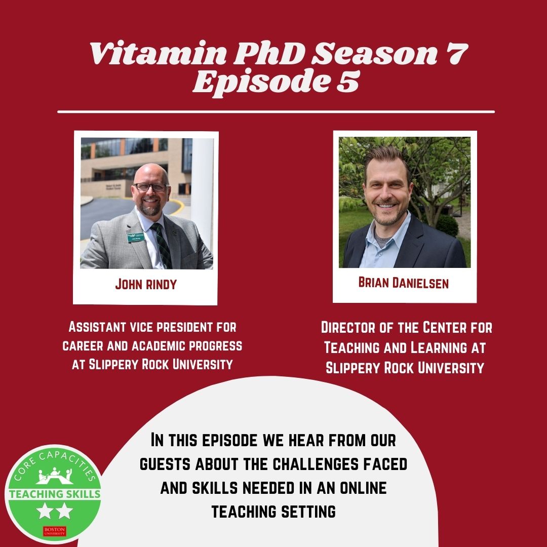 BU_PhDs's tweet photo. Check out the next episode of Vitamin PhD season 7 and hear our hosts discuss online education. Listen in at the link in our bio ⬆️
#phdpd #VitaminPhD #phdadvice #teachingskills https://t.co/oefaPIQesK