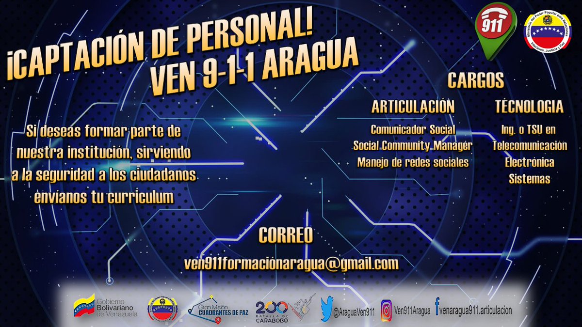 ¡CAPTACIÓN DE PERSONAL EN EL VEN 9-1-1 ARAGUA!
Aprovecha la oportunidad de formar parte de nuestra gran familia.
#Captación #Empleo #Aragua #VEN911
@AraguaVen911