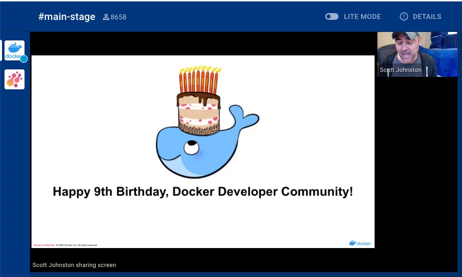 danielbryantuk's tweet photo. Kicking off the @Docker community all-hands with @scottcjohnston and team!

Happy birthday, Docker! 🥳 https://t.co/flJrzX2fmw