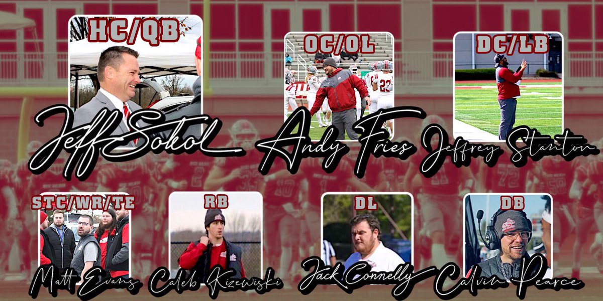RoseHulmanFB's tweet photo. Follow our coaching staff! 🏆

HC/QBs: @CoachSokolRHIT 🚀
OC/OL: @Coach_Fries 🥞
DC/LBs: @Coach_Stanton1 🔨
STC/WRs/TEs: @coachmevans ⚡️
RBs: @Coach_Kizewski 🚂
DL: @ConnellyCoach 💪
DBs: @CoachCPPearce 🔒

#WeWork🌹🏈 https://t.co/3ZqwX2FQtB