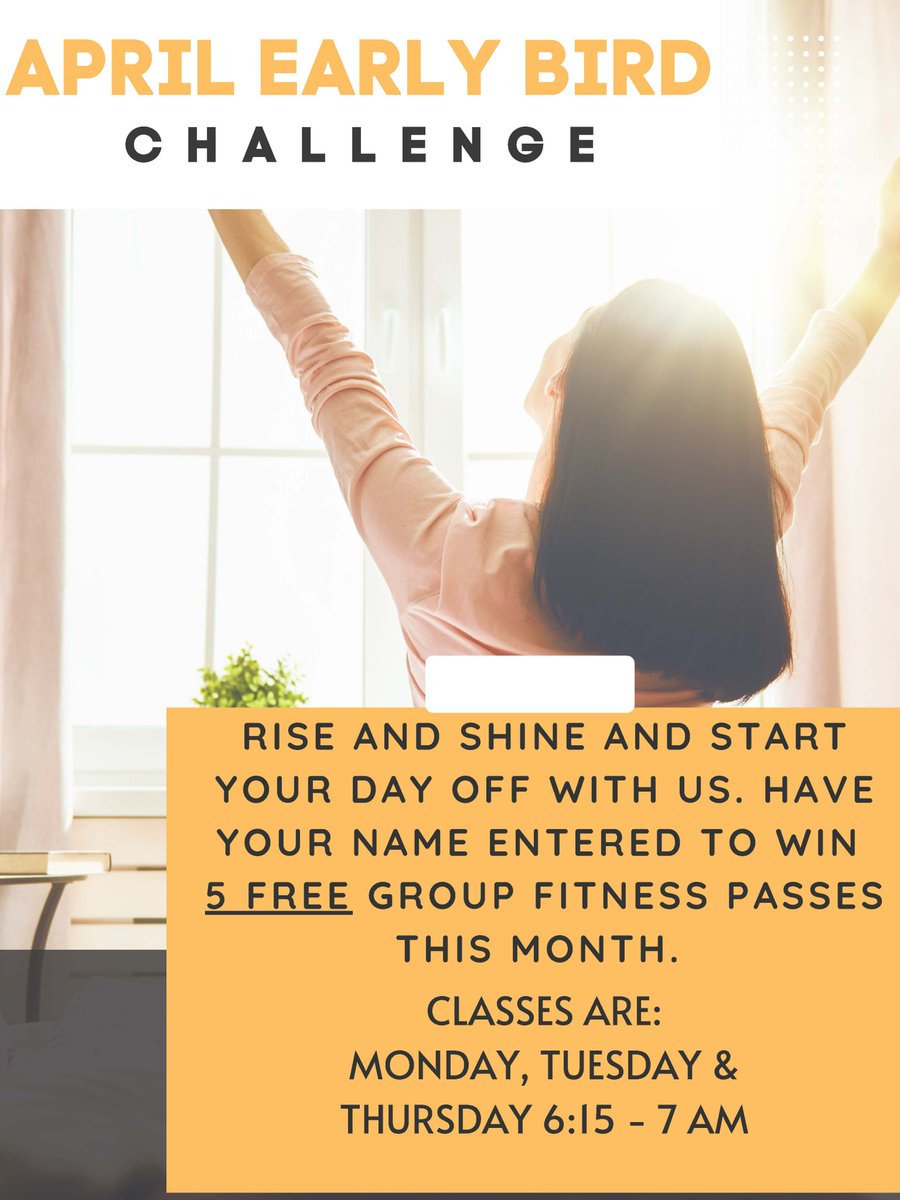 CityofKenora's tweet image. And win with the April Early Bird Challenge! 
Attend the 6:15 a.m. classes on Monday, Tuesday or Thursday for the opportunity to win FIVE FREE group fitness passes. #riseandshinefitness #movetowin
