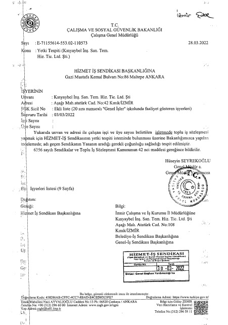 Kınık Belediyesi Kınyaybel Şirketi Toplu İş Sözleşmesi Yetki Tespit yazımız çıkmıştır. Hayırlı olsun.