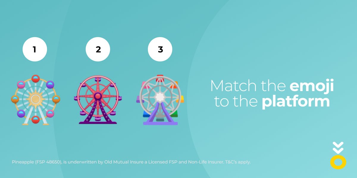 Pineapple_SA's tweet photo. Wheel love whoever can match these emojis to the right platform😉! Your options are Facebook📘, WhatsApp✅ and Google🔎. Comment below and stand a chance to 💫 WIN 💫 an R250 Takealot voucher! T&amp;C apply. #LetTheGamesBegin #PineappleInsurance https://t.co/ozSjVh3sa6
