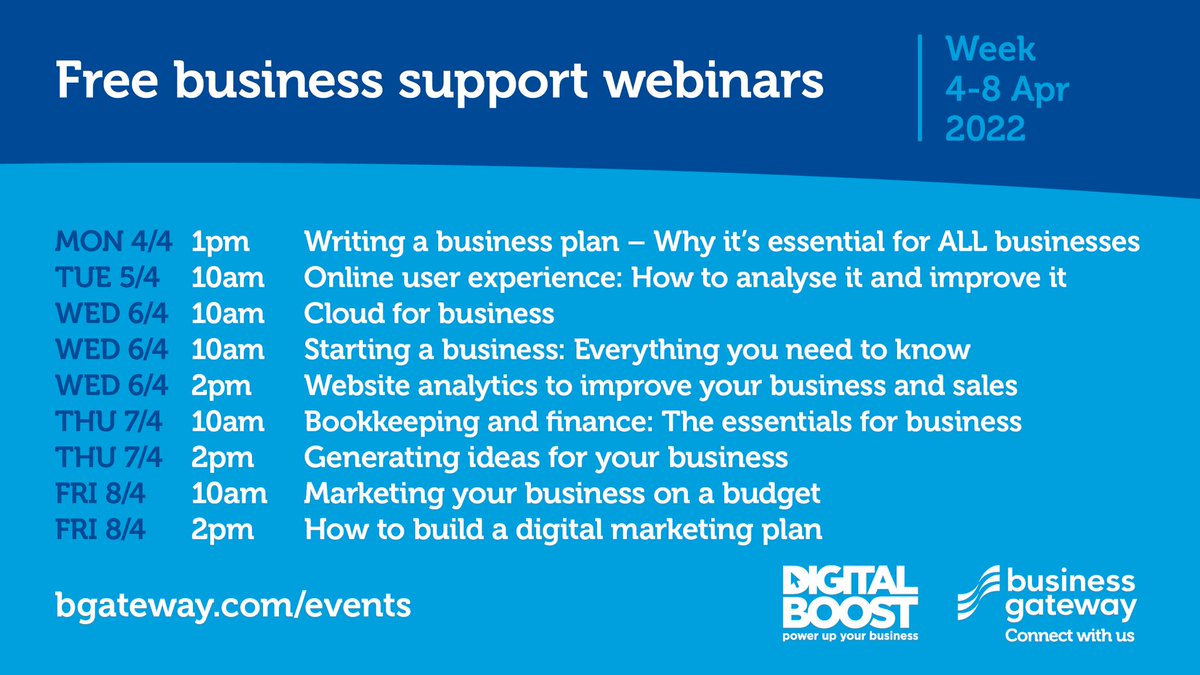 Looking to start up, adapt or grow your #business? Our webinars have you covered! 💻 From writing a business plan to marketing on a budget - there's something to suit each stage of your journey. Find out what's on week 4-8 April below & book your space 👉 ow.ly/SceT50IwS31