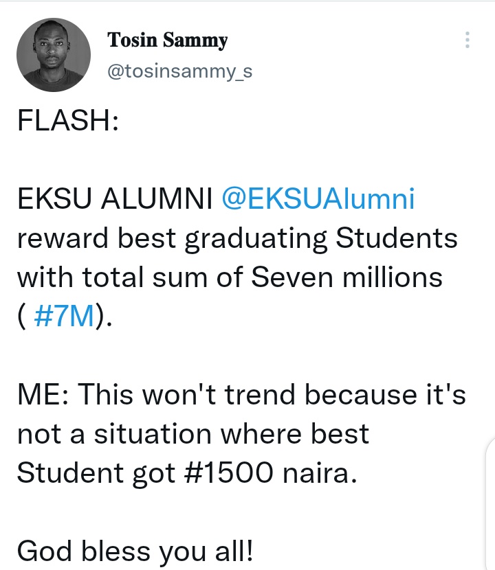 ekititrends's tweet photo. EKSU ALUMNI to reward best graduating Students with total sum of Seven millions ( #7M). https://t.co/zErxGVcKLq