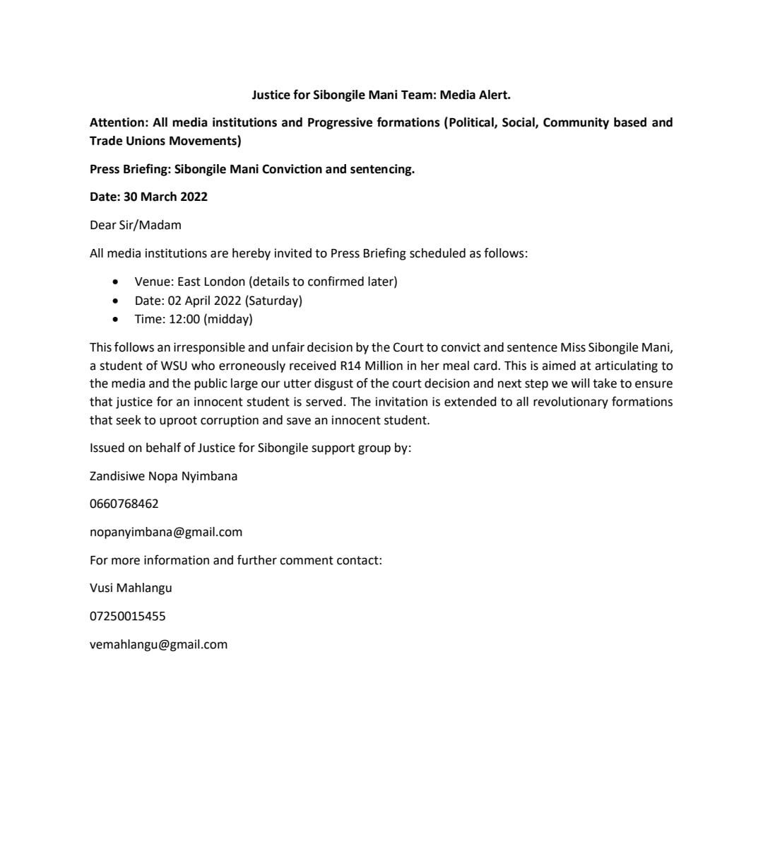 Attention: All Media Institutions and Progressive Formations 

<a href="/eNCA/">eNCA</a> <a href="/SABCNews/">SABC News</a> <a href="/MyPAConline/">Pan Africanist Congress of Azania (PAC)</a> <a href="/Marxist_Oldman/">Vusi Oldman Mahlangu</a> <a href="/Powerfm987/">POWER 98.7</a> <a href="/Newzroom405/">Newzroom Afrika</a> <a href="/News24/">News24 🇿🇦</a> <a href="/ewnupdates/">Eyewitness News</a> <a href="/AZAPO_News/">AZAPO</a> <a href="/phethani4/">For A Marxism Without Guarantees</a> <a href="/NecPasma/">PASMA NEC</a> <a href="/mbete_m/">Mangaliso Mbete</a> 

Media Briefing: 
Venue: East London
Date: 02 April 2022
Time: 12:00