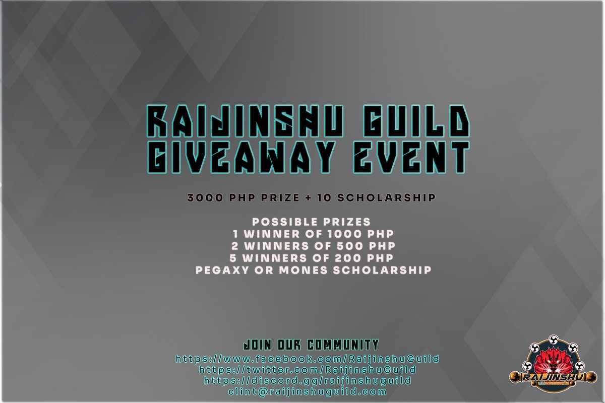 Small Giveaway Event 🚀

Mechanics: 

✅Follow <a href="/RaijinshuGuild/">Raijinshū Guild</a> and <a href="/clintmod111/">clintmod111.eth</a> 
✅Join our discord server discord.com/invite/raijins…
✅Like and retweet this post

❌Fail to do the task leads to disqualification 

Ends on April 10th, 2022 7 PM PH TIME 💯