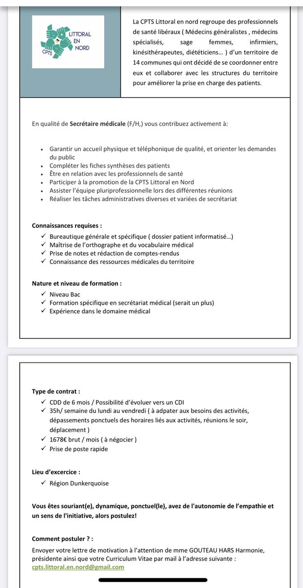 LA CPTS LITTORAL EN NORD RECRUTE UNE SECRÉTAIRE MÉDICALE POUR LE DÉPLOIEMENT DE SES MISSIONS … 
Merci de partager