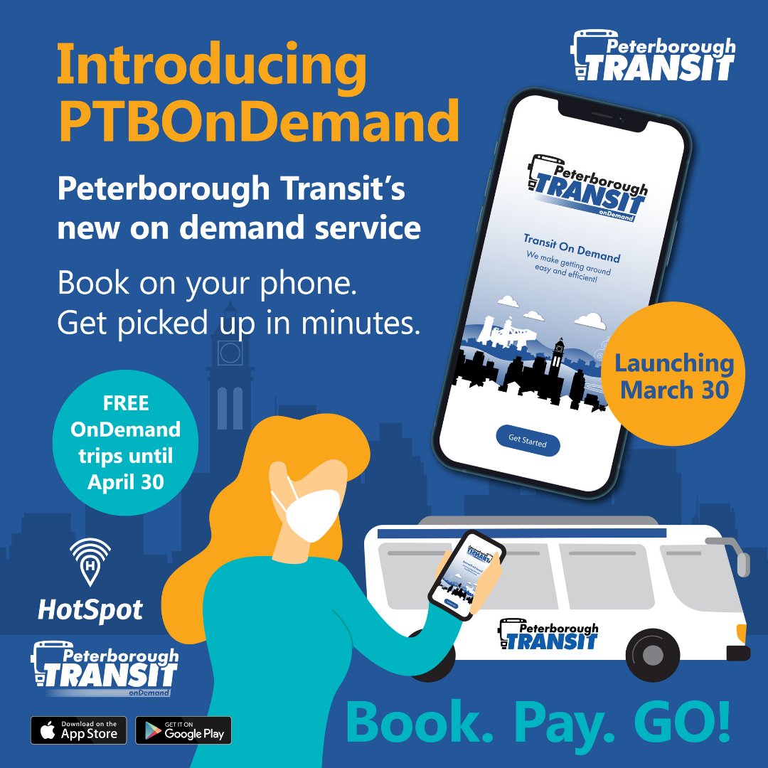 thebuscanada's tweet photo. .@ptbo_transit new on demand pilot is now live and serves the City's East, South East and Downtown areas. It's free to use until April 30th. Learn more at: https://t.co/frYwqgxHCP

Android: https://t.co/5oKkarB1VV
Apple: https://t.co/Qtt61jdWS1
Phone: 705.745.5801

📸: city_ptbo https://t.co/RJmFJnSfMe