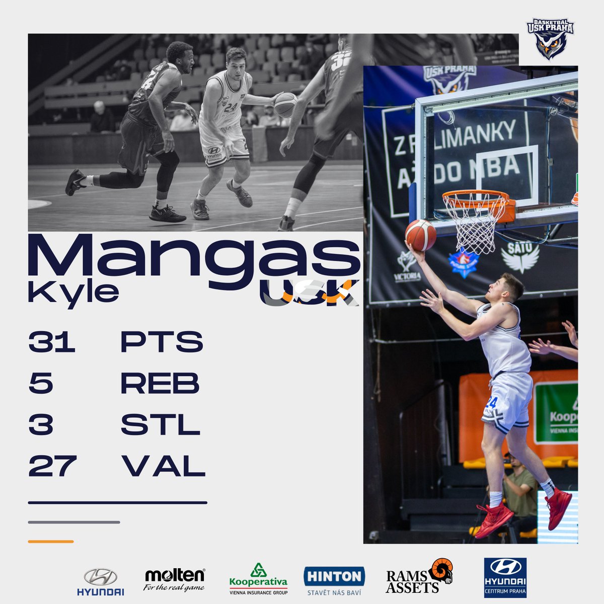 uskpraha's tweet photo. 🦉Kyle zvyšuje svůj náskok v čele střelců KNBL!🦉

V situaci, kdy nás čeká poslední kolo A1 můžeme s jistotou prohlásit, že se Kyle stane nejlepším střelcem KNBL po odehrání základní části a nadstavbových A skupin! https://t.co/00NpjccUBP