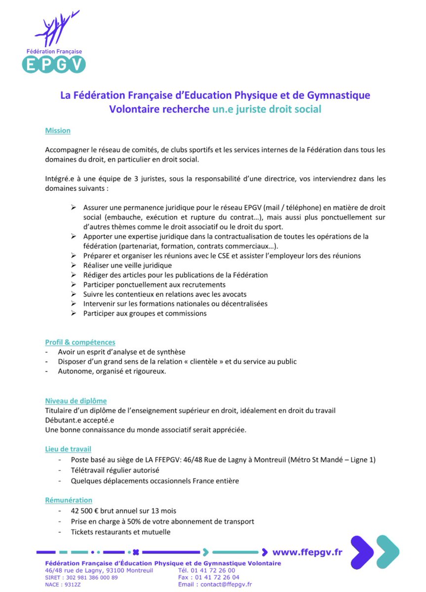 CharlotVincent's tweet photo. La Fédération Française d’Education Physique et de Gymnastique Volontaire @SportSante recherche un.e juriste droit social #emploi #droitsocial https://t.co/DSa1XQoFel
