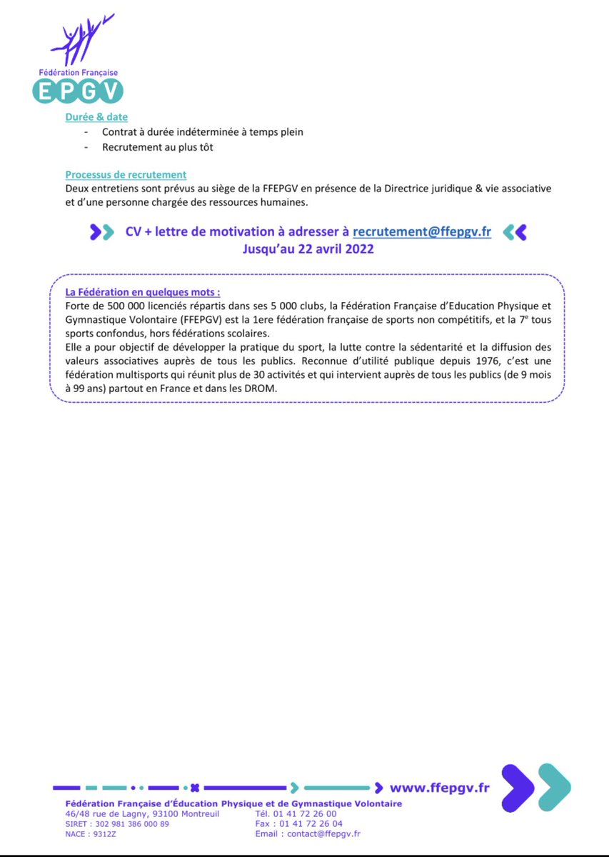 CharlotVincent's tweet photo. La Fédération Française d’Education Physique et de Gymnastique Volontaire @SportSante recherche un.e juriste droit social #emploi #droitsocial https://t.co/DSa1XQoFel