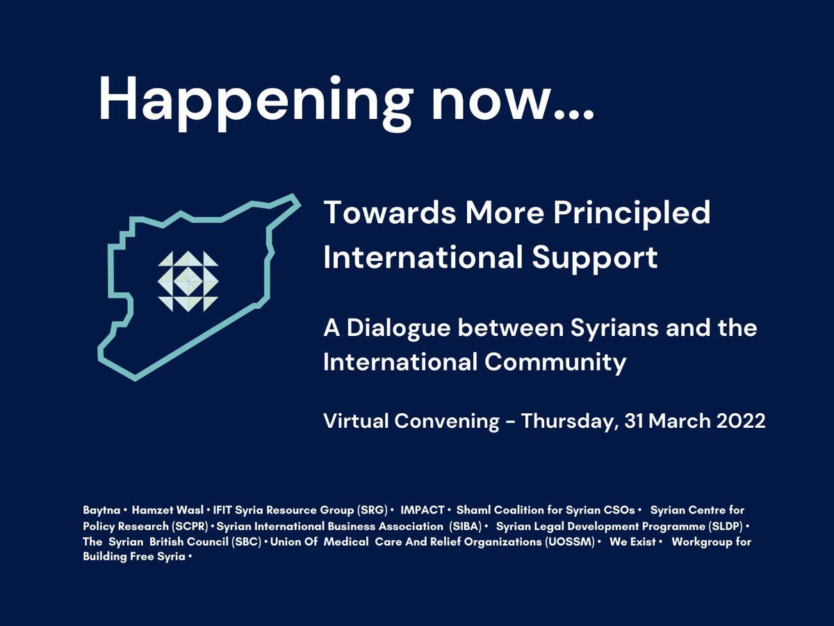 AssaadAlachi's tweet photo. Participating in the virtual convening, Towards More Principled International Support, taking place today. Significant participation of Syrian &amp; international experts, actors.
 
More info:  https://t.co/DyndC7fh4i
 
#Principled_International_Support_for_Syria
#Syria https://t.co/xjpWIaaFDJ