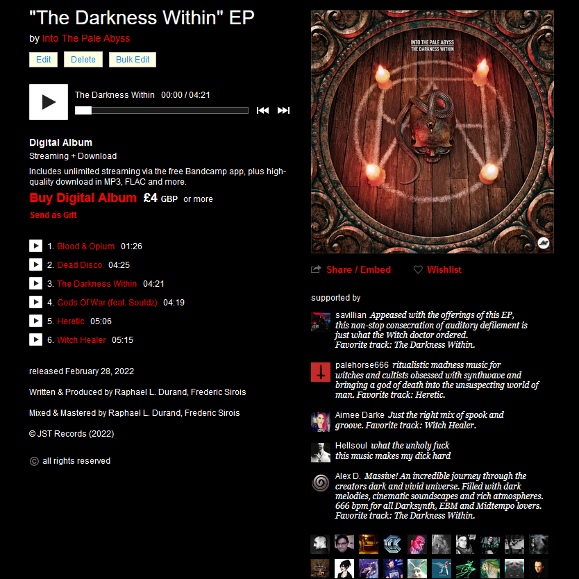Canadian duo #IntoThePaleAbyss had their new EP "The Darkness Within" out last month and here's what some fans had to say... Did you check it out yet?

Listen: intothepaleabyss.bandcamp.com/album/the-dark…

#darkelectro #darktechno #darksynth #EBM #midtempo #cyberpunk #horrorsynth