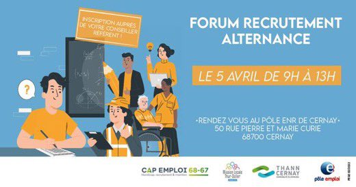 PierricOuvrard's tweet photo. 📢 🗓 [ #SaveTheDate ] le 05/04 ▶ Les équipes @poleemploi_GE de Thann @Capemploi_ @mlthurdoller68 organisent un forum recrutement et alternance avec la CC Thann-Cernay 🔜 RDV avec votre futur #emploi au Pôle ENR @VilledeCernay 👍 avec @StefMessara @RachidaBaidane #TousMobilisés https://t.co/qGeM9GpAW1