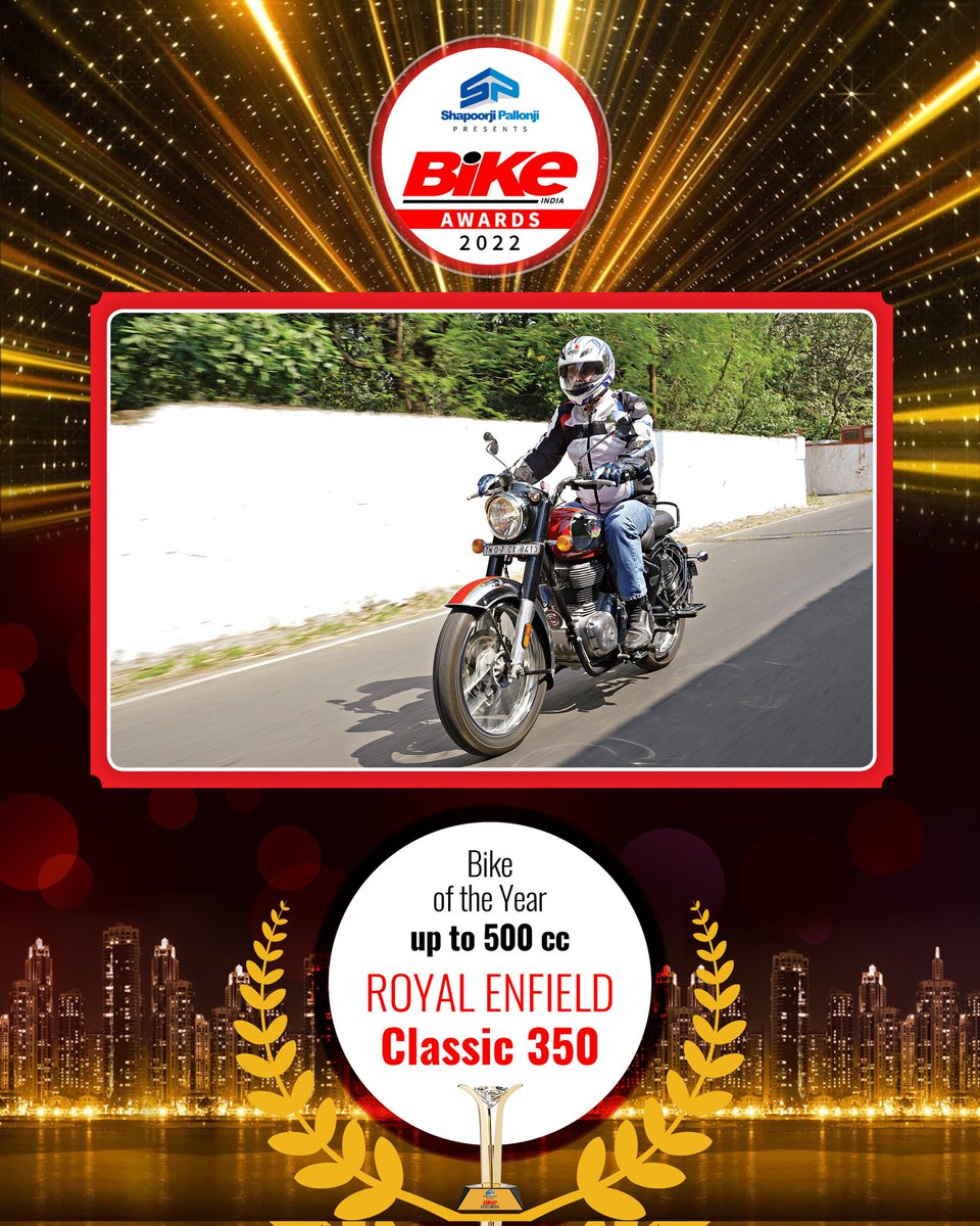 bikeindia's tweet photo. The Royal Enfield Classic 350 wins the award for Motorcycles up to 500 cc. 

@royalenfield #BikeIndiaAwards2022 #BikeIndiaAwards https://t.co/cOVvokT1Pt