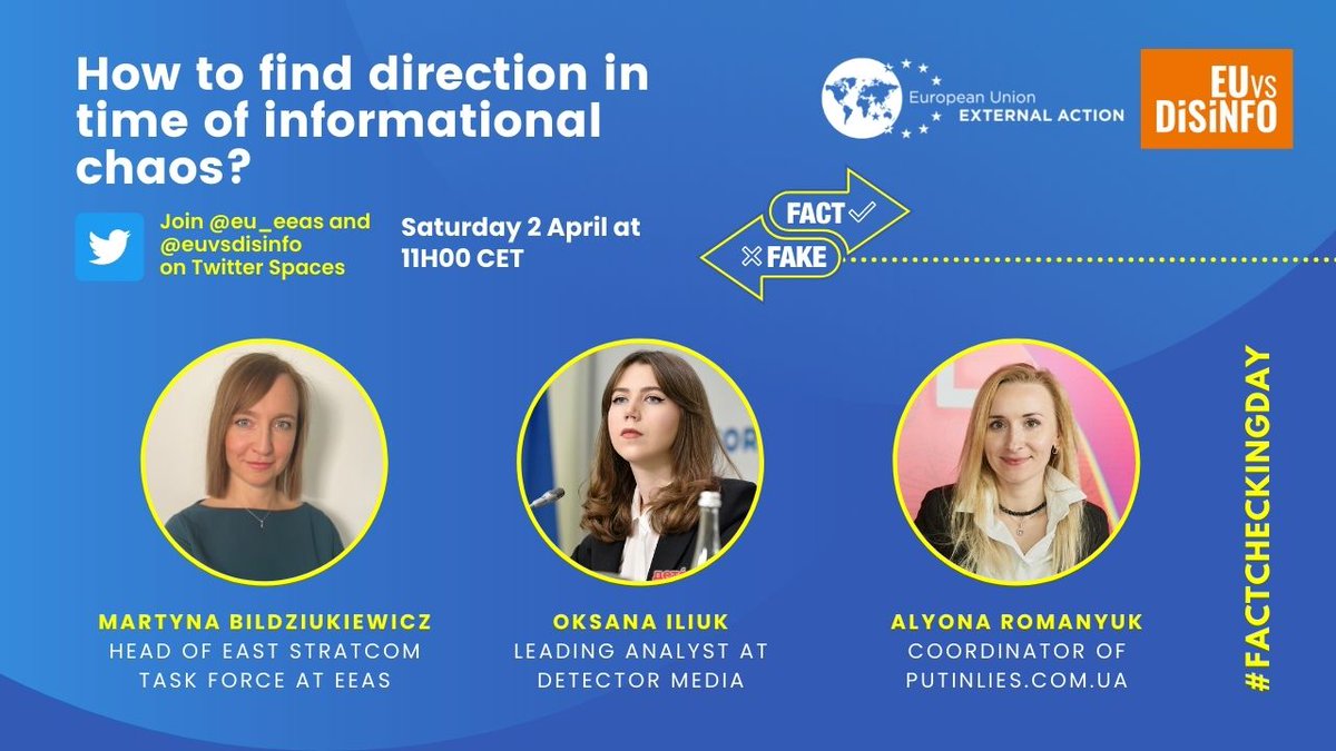 Amid the Russian #disinformation war, getting the facts right is crucial.
On #FactCheckingDay we will join <a href="/EUvsDisinfo/">EUvsDisinfo</a> <a href="/MBildziukiewicz/">Martyna Bildziukiewicz</a> and Ukrainian fact-checkers <a href="/ksurrealistic/">Ksenia Iliuk</a> <a href="/AlRomanuk/">Альона Романюк</a> on @TwitterSpaces for direction on information chaos.
Tune in ⬇
x.com/i/spaces/1dRJZ…