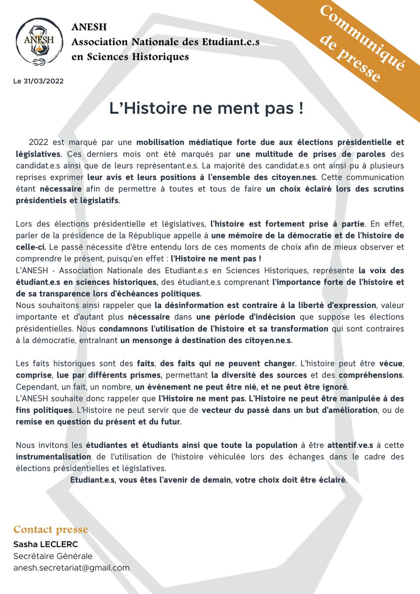 FederationANESH's tweet photo. Dans un contexte de forte couverture #médiatique, l'ANESH condamne la manipula° de l'#histoire à des fins politiques ❌️

Les faits #historiques ne peuvent être niés ou transformés, l'histoire ne ment pas❗️

L'histoire peut être vécu ou étudié mais PAS transformé ❌️ https://t.co/8YZ9XolYof