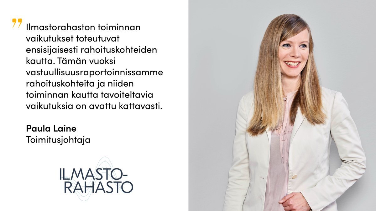 #Vastuullisuus ja #ympäristövaikutukset ovat Ilmastorahaston toiminnan ensisijainen tavoite ja lähtökohta. Lue tj. <a href="/paula_laine/">Paula wanielli Laine</a>’en katsaus vastuullisuusraportistamme ja tutustu meihin ja työhömme: ilmastorahasto.fi/wp-content/upl… #rahoitusala #ilmastonmuutos