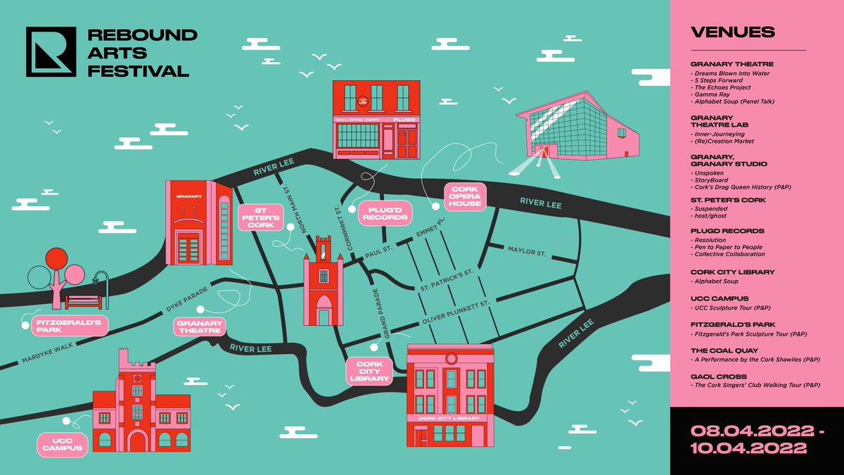 ReboundArtsFest's tweet photo. Rebound Arts Festival has put together this beautiful map to help you plot your route through Cork city while you enjoy the amazing events we have on offer!

Join us from April 8th-10th as we enliven our Festival venues and inspire our participants through our diverse programme https://t.co/ukABOBEVOM
