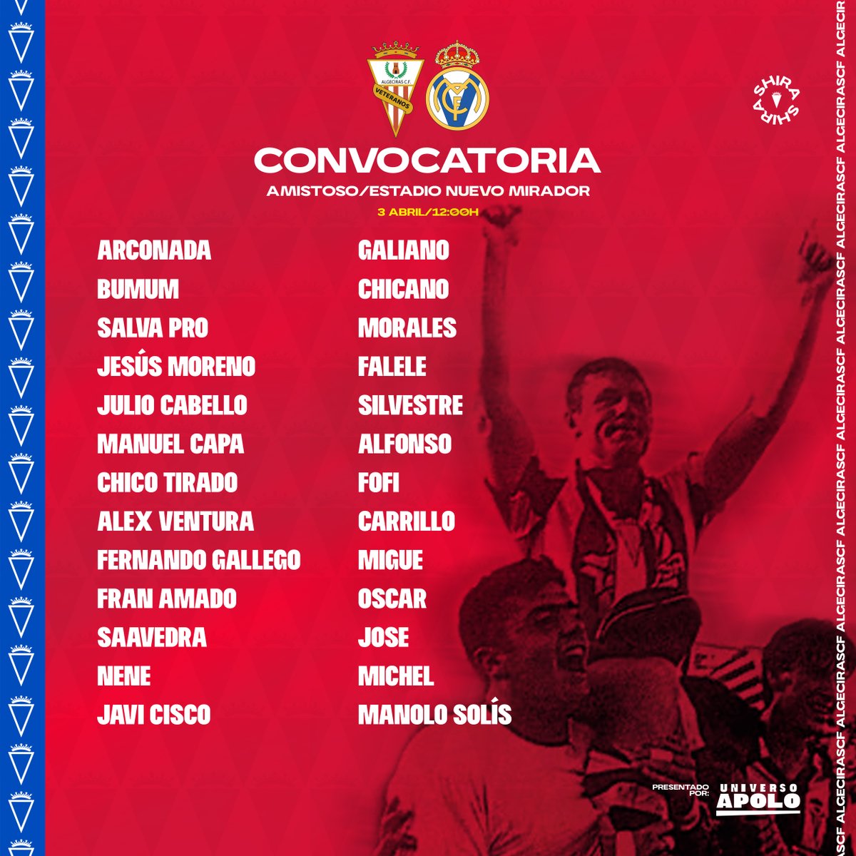 ¡Ya tenemos los convocados de nuestro <a href="/VetAlgecirascf/">A. Veteranos Algeciras C.F.</a> para el partido amistoso 🆚 <a href="/VeteranosRM/">Veteranos Realmadrid</a>!

#UnaPasionEspecial