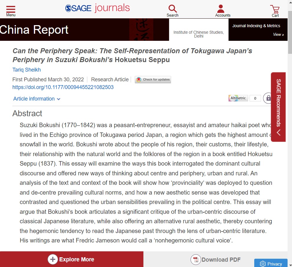 trqshkh's tweet photo. My article "Can the Periphery Speak: The Self-Representation of Tokugawa Japan’s Periphery in Suzuki Bokushi’s Hokuetsu Seppu" in @ChinaReport_ICS is out now on @SAGEJournals' "Online First".
https://t.co/mY3mIw3MvN

#niigata #新潟県 #越後 #塩沢 #鈴木牧之 https://t.co/yi8tSskPNz