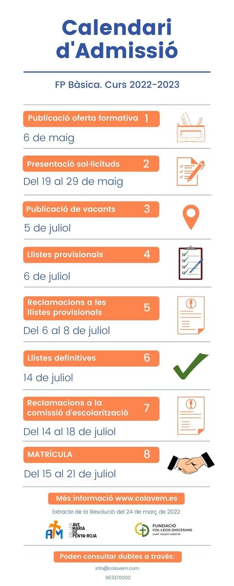 penyaroja_vlc's tweet photo. La Conselleria de Educación ya ha publicado los calendarios para el proceso de admisión para el curso 2022-2023.
Aquí tenéis un extracto y en breve aparecerá toda la información en nuestra web.

#avemariadepenyaroja
#colegiosdiocesanos
#somosdiocesanos

#amaoscomoyoosheamado https://t.co/rEaSYA9ioM