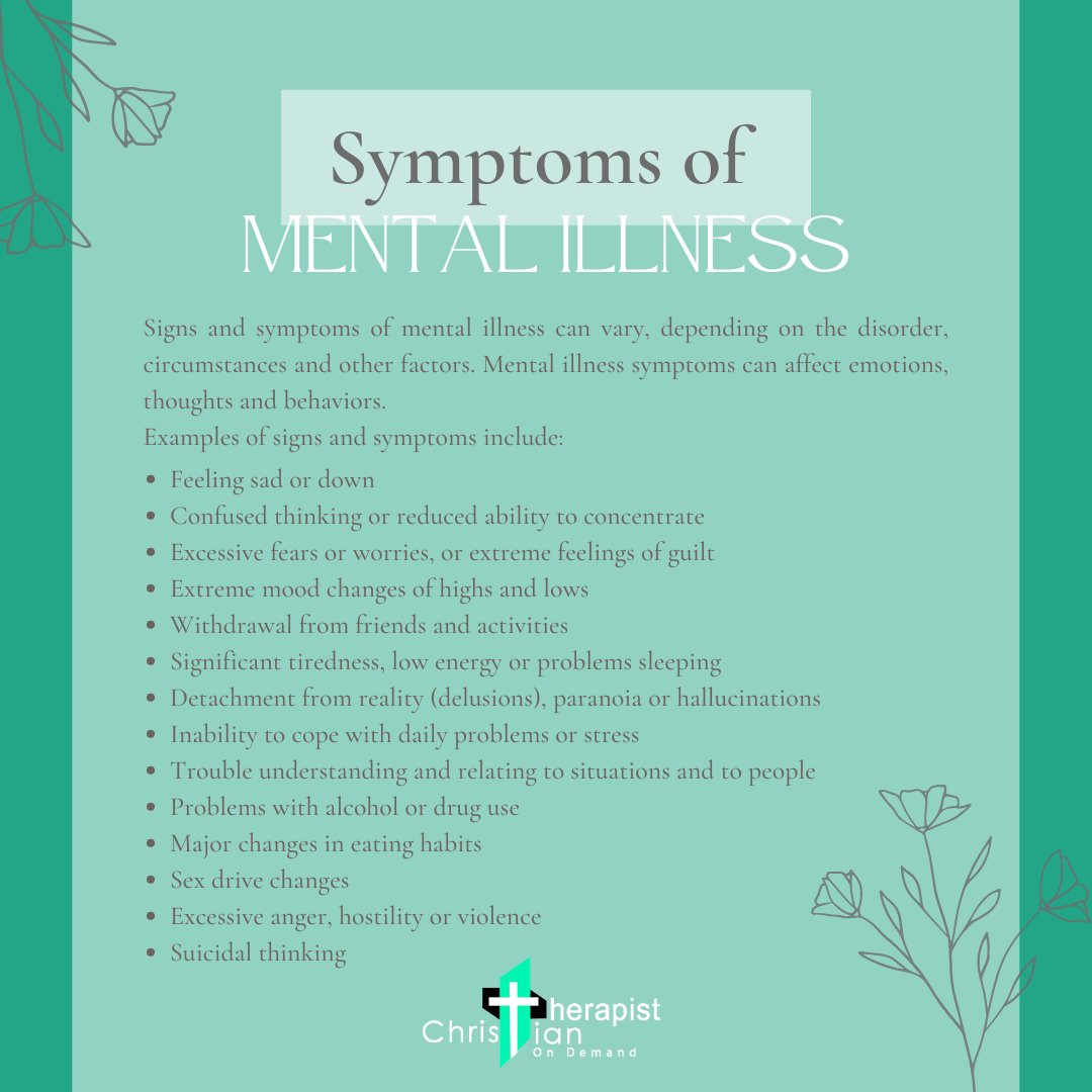 CTODapp's tweet photo. Do you struggle with your mental health?
In this graphic, you will see some examples of what may be signs or symptoms of mental illness.
#mentalhealth #mentalillness #mentalhealthawareness #mentalhealthmatters #health #wellness #endthestigma #ctod #christiantherapistondemand https://t.co/j3Y2ejnI8h