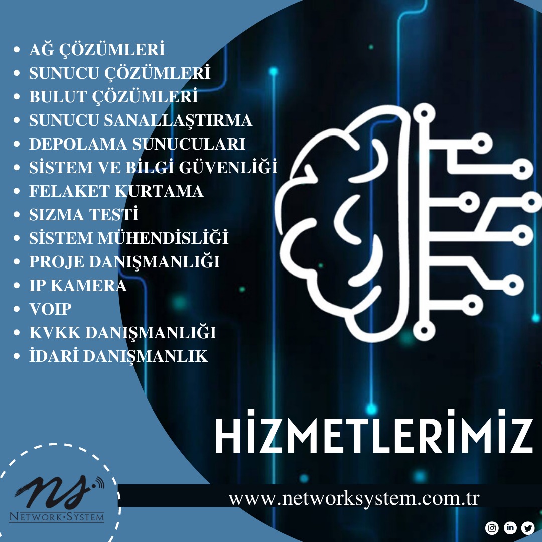 Hizmetlerimiz ve uzman kadromuzla göreve hazırız! Kaliteli ve güvenli hizmet anlayışımız ile ihtiyacınız olduğunda yanınızdayız!
0232 988 12 13
info@networksystem.com.tr #network #networksecurity #networksystem #ipcamera  #cloudsystem #kvkk  #information #voip #projedanışmanlığı