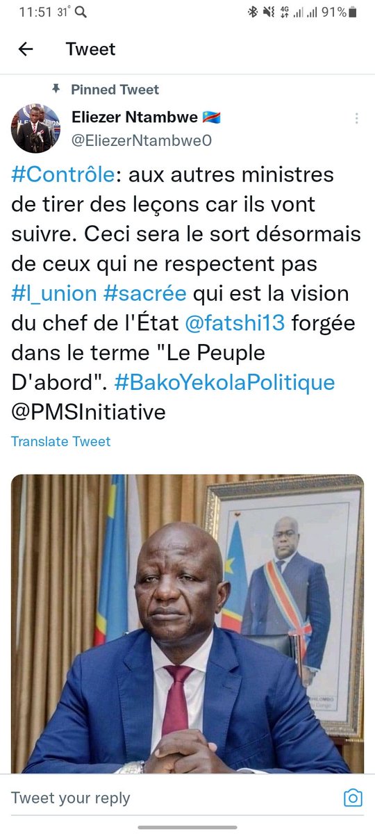 Misalaplusnews's tweet photo. 🔴 #RDC 🇨🇩 | L'Honorable Eliezer Ntambwe réagi.
《Aux autres ministres de tirer des leçons car ils vont suivre. Ceci sera le sort désormais de ceux qui ne respectent pas #l_union #sacrée qui est la vision du chef de l'État @fatshi13 forgée dans le terme "Le Peuple D'abord"》. https://t.co/zT2wxHG30X