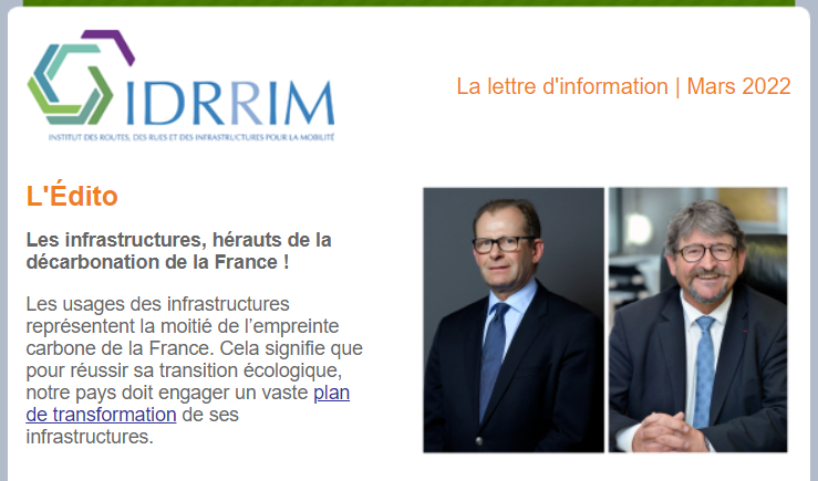 #InfoIDRRIM Consultez la Lettre d'info de l'
<a href="/IDRRIM/">IDRRIM - PIARC France</a> – mars 2022 ☕ idrrim.com/newsletter/947…

👉 Édito <a href="/neuschwanderxa1/">neuschwander xavier</a> &amp; <a href="/JCLouvet/">JC Louvet</a> 
👉 Retour sur le cycle de webinaires sur l'entretien routier
👉 Appel à projets d'innovation "Routes et Rues" 2022

#Infrastructures #Mobilité