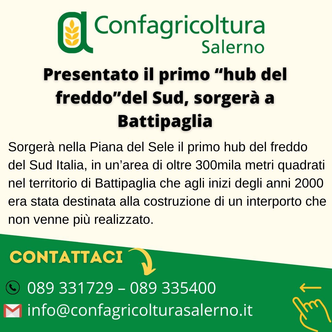 ConfSalerno's tweet photo. 𝗖𝗼𝗻𝗳𝗮𝗴𝗿𝗶𝗰𝗼𝗹𝘁𝘂𝗿𝗮 𝗦𝗮𝗹𝗲𝗿𝗻𝗼 - 𝗛𝘂𝗯 𝗱𝗲𝗹 𝗳𝗿𝗲𝗱𝗱𝗼
Sorgerà nella Piana del Sele il primo hub del freddo del Sud Italia, in un’area di oltre 300mila metri quadrati nel territorio di Battipaglia.

#ConfSaAgriFoodLab #confagricoltura #confagricolturasalerno https://t.co/xXDojKm7TQ