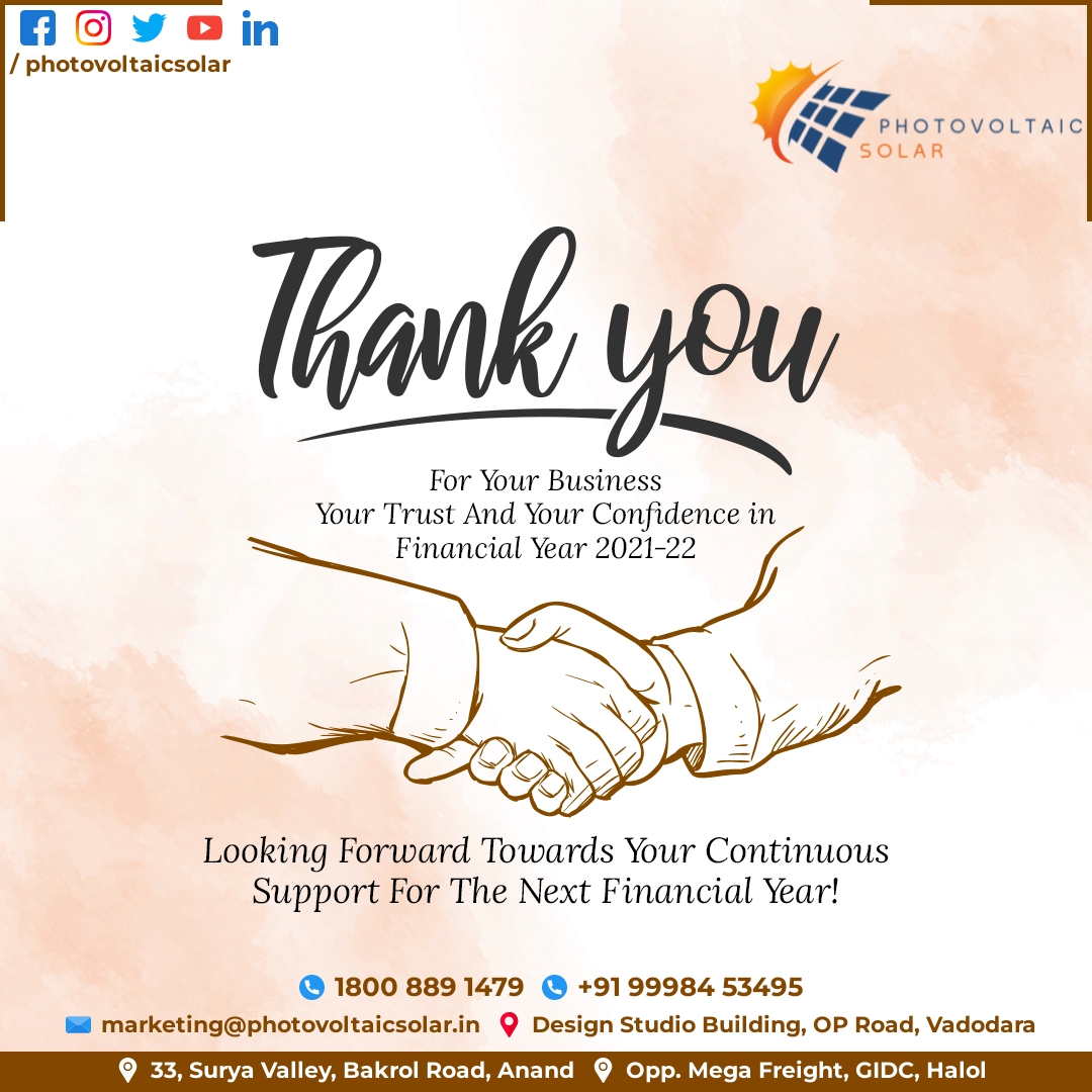 GoPhotovoltaic's tweet photo. 💫Thank You 2021-2022💫
Wishing you all Happy and profitable NEW F.Y. 2022-2023.
#ThankYou #FinancialYearEnd #newfinancialyear #FinancialYearEnd #pvs360design #epc #solarepccompany #solardistributioncompany #adanisolar #trinasolar #growattinverters #polycab https://t.co/MFt3y91QNn