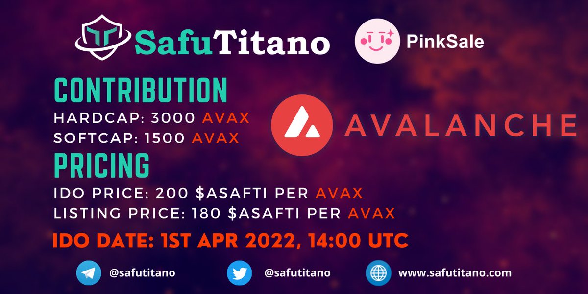 Safu Titano ($SAFTI) | #BSC (@safutitano) on Twitter photo We are going to launch $ASAFTI on @avalancheavax on <a href="/pinkecosystem/">PinkSale (Pink Ecosystem)</a>
Get Whitelisted for presale gleam.io/FcWce/asafti
#Whitelist #presale #ido #AVAX #SAFUUFORK #TITANOfork #P2E #GameFi #Staking #NFTgame #BSCGem #BinanceSmartChain #BNBChain #Avalanche We are going to launch $ASAFTI on @avalancheavax on <a href="/pinkecosystem/">PinkSale (Pink Ecosystem)</a>
Get Whitelisted for presale gleam.io/FcWce/asafti
#Whitelist #presale #ido #AVAX #SAFUUFORK #TITANOfork #P2E #GameFi #Staking #NFTgame #BSCGem #BinanceSmartChain #BNBChain #Avalanche