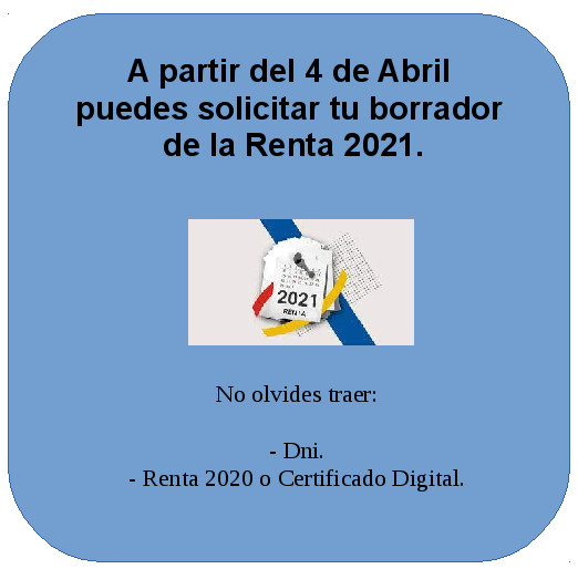 ElTurroVuela's tweet photo. Campaña de la #Renta2021 en #guadalinfo.

Para sacar tu borrador, no olvides:

* DNI.
* Renta 2020 o Certificado Digital.

Te ayudaremos en el proceso de obtener el borrador de la Renta, guardarlo en tu correo, tu móvil o en un USB. https://t.co/MZfEIyTWYQ