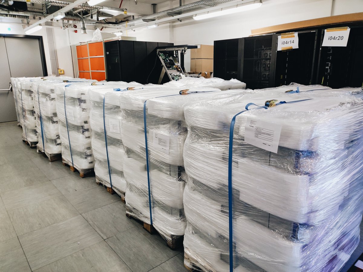 Happy to report that #VSC5 is well underway! The room is prepared for the final installation steps of the new system, all racks are built &amp; mostly equipped with compute nodes. We’re currently testing the network connections &amp; basic functionalities necessary for node deployment.