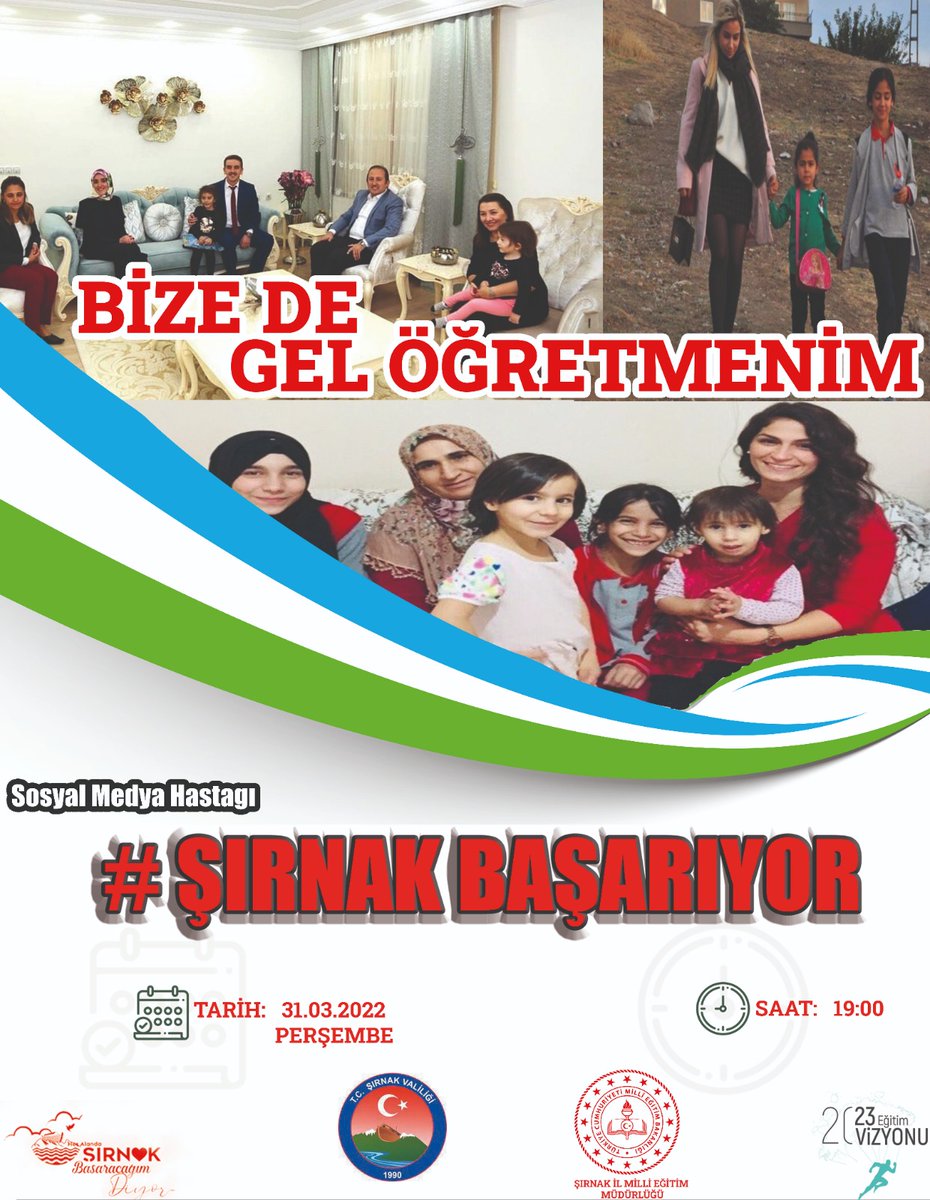 İlimizde görev yapan yaklaşık 9000 yönetici ve öğretmenimizle velilerimize misafir oluyoruz.
Bize de Gel Öğretmenim💫
#ŞırnakBaşarıyor
🗓31 Mart,Perşembe
⏱19.00

<a href="/tcmeb/">Millî Eğitim Bakanlığı</a> 
<a href="/yilmaznazif/">Nazif Yılmaz</a> 
<a href="/SirnakValiligi/">T.C. Şırnak Valiliği</a>
<a href="/ahpehlivan53/">Ali Hamza Pehlivan</a>
<a href="/miamtunc/">Mehmet Tunç</a>
<a href="/SIRNAKMEM73/">Şırnak İl Millî Eğitim Müdürlüğü</a> 
<a href="/ahmetozdemirmem/">Ahmet Özdemir</a>  
<a href="/sahan_ike/">Şahan İKE</a>
