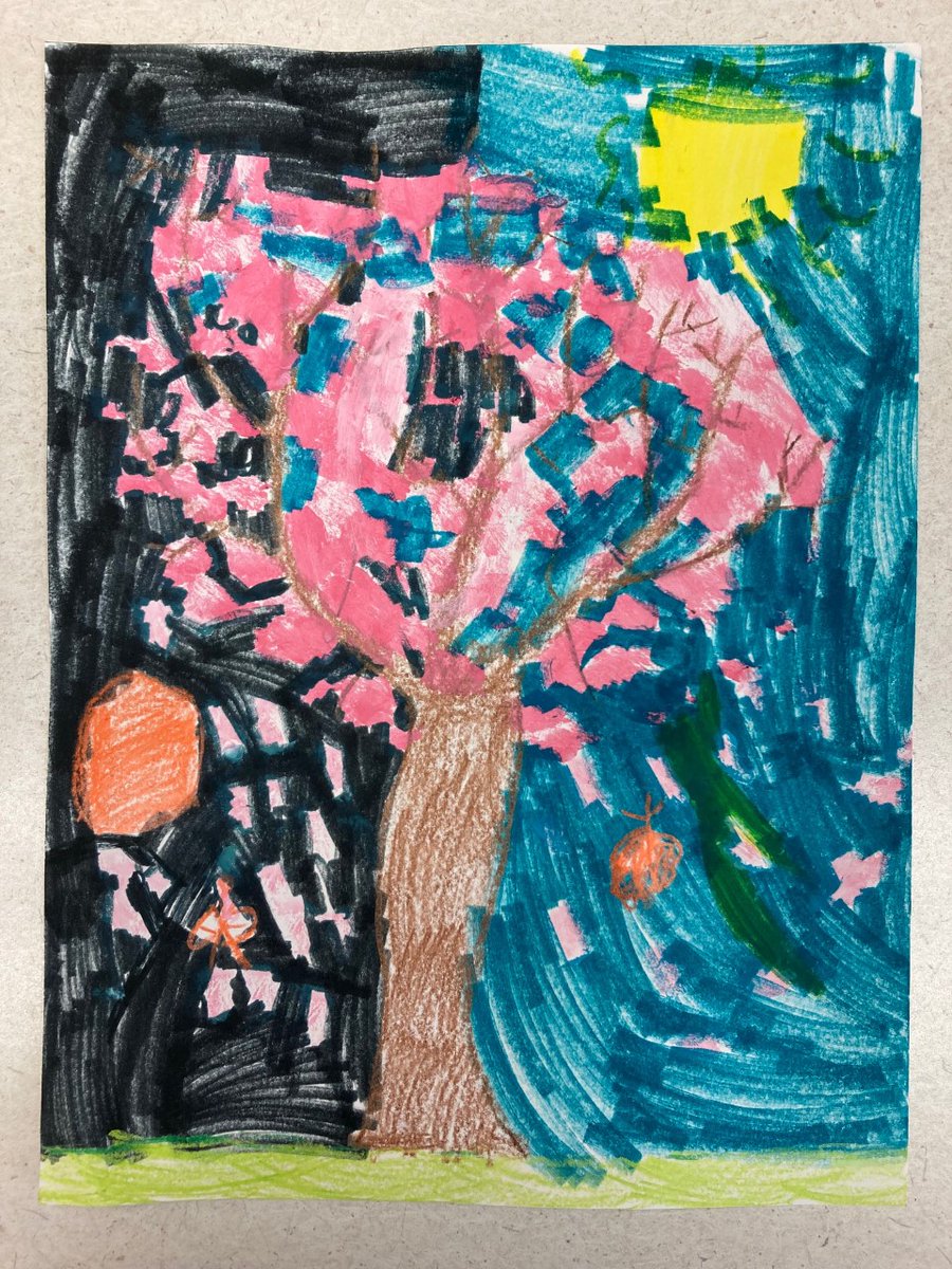 Here's a cherry blossom tree drawn and painted by kindergarten student Luca. Luca came up with the idea of showing night and day in the same image, carefully coloring the background/sky in marker. <a href="/SeldensLanding/">seldens.landing.es</a> #arteducation