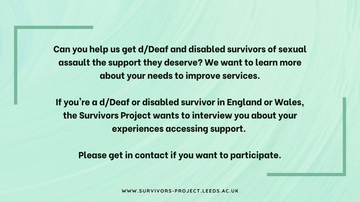 Stay Safe East (@staysafeeast) on Twitter photo The <a href="/SurvivorsProje2/">Survivors-Project</a> is conducting important research on the needs of d/Deaf and disabled victim-survivors of sexual assault. Want to participate? DM <a href="/SurvivorsProje2/">Survivors-Project</a>, email survivors-project@leeds.ac.uk or access the contact form here: forms.office.com/Pages/Response⦠The <a href="/SurvivorsProje2/">Survivors-Project</a> is conducting important research on the needs of d/Deaf and disabled victim-survivors of sexual assault. Want to participate? DM <a href="/SurvivorsProje2/">Survivors-Project</a>, email survivors-project@leeds.ac.uk or access the contact form here: forms.office.com/Pages/Responseā¦