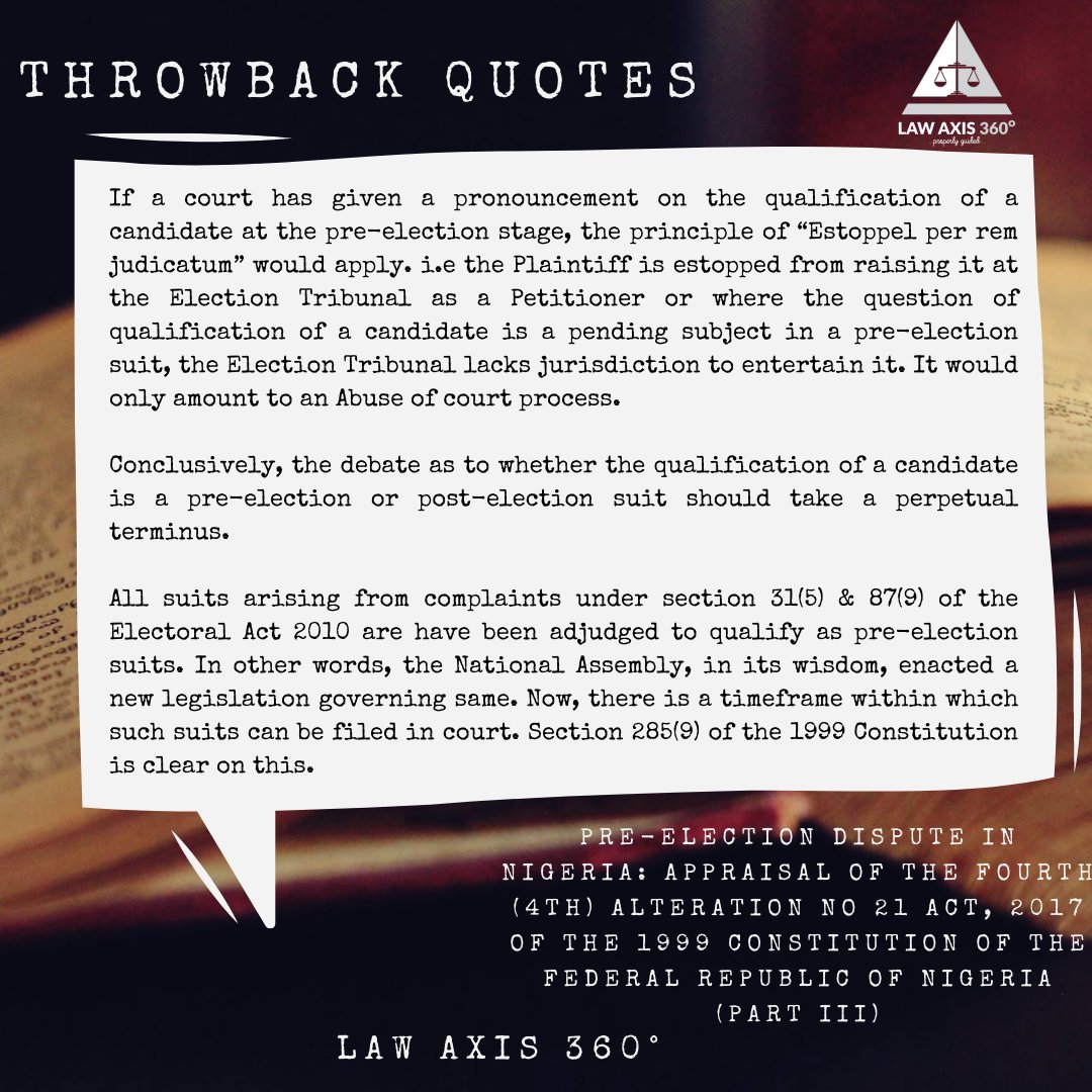 LawAxis360's tweet photo. Today, we throw it back to a 3-part article written by Muhammad Oyelade  on the clash between the Old Electoral Act and the Constitutional provision on Pre-Election matters.

To read the article use the link

https://t.co/kBHXuZJ0gJ

DM to publish your article #ThrowbackThursday https://t.co/JT0gxFpgq4
