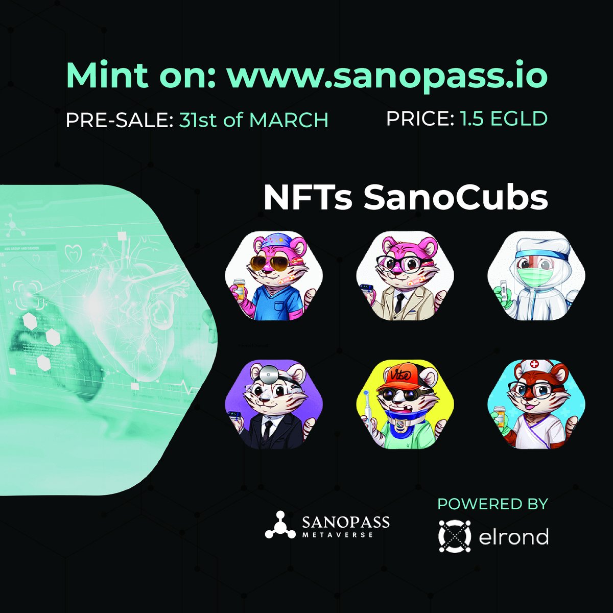 ovidiu_mkt's tweet photo. 📌 Pre-sale on March 31, at the price of 1.5EGLD; up to 1000 #NFTs for #WL
📌April 1st, public sale at 2 EGLD price
Few hours left until the launch of the #SanoPass Metaverse project. The first Collection of #Health #UtilityNFTs on the @ElrondNetwork available today after 6 PM. https://t.co/10LLBg6exC