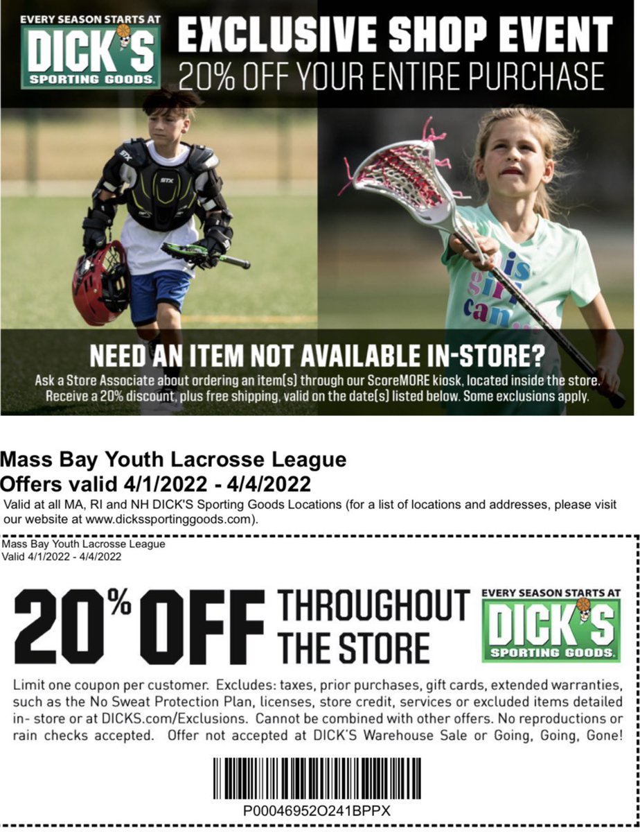 MassYouthLax's tweet photo. 20% off this Fri-Mon at DICK’S Sporting Goods!  Last minute equipment, clothes, sideline chairs, etc. Show this flyer to save!!! https://t.co/ce9cl7AvL8
