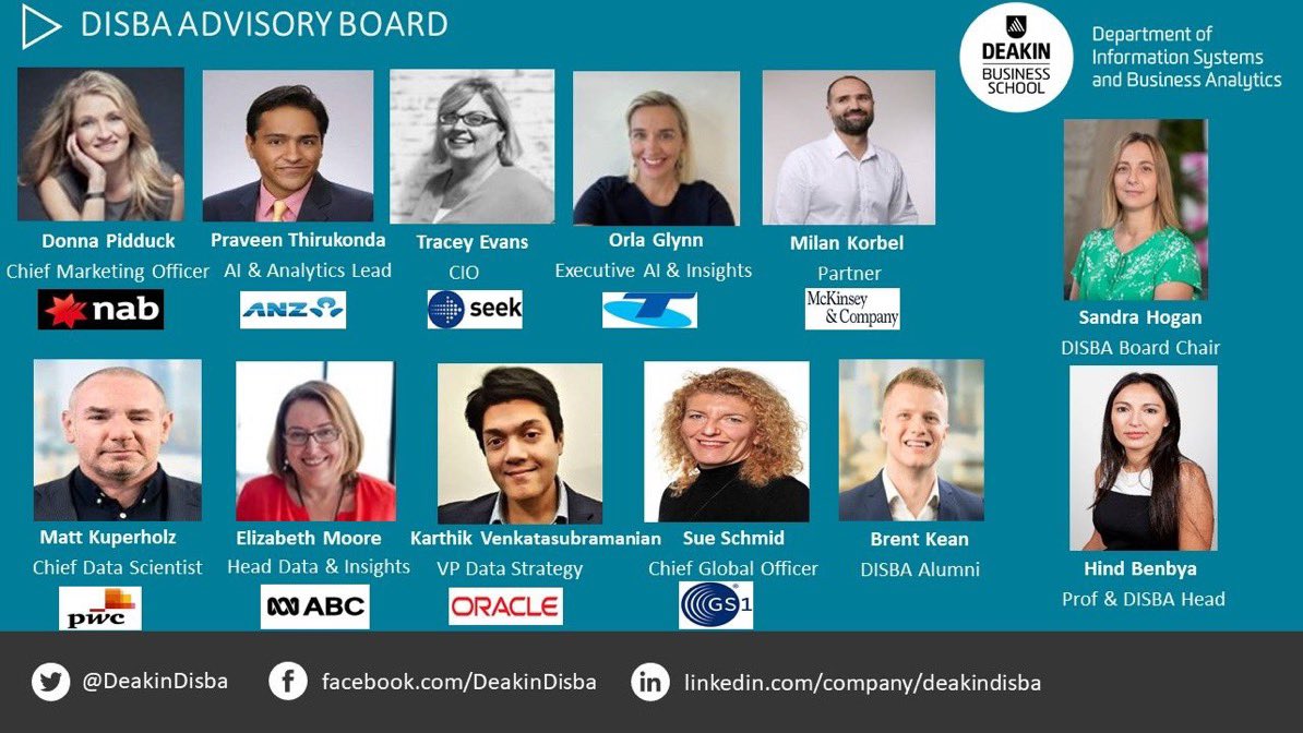 DeakinDisba's tweet photo. Meet our revamped advisory board members, creating value in #Education #Research #Engagement and new projects about #AI and the Future of #business @abcnews @McKinsey @Telstras1 @PwC @Oracle @gs1_au @seekjobs @DeakinBusiness @DeakinUniversi3 https://t.co/iRMEl61Gce