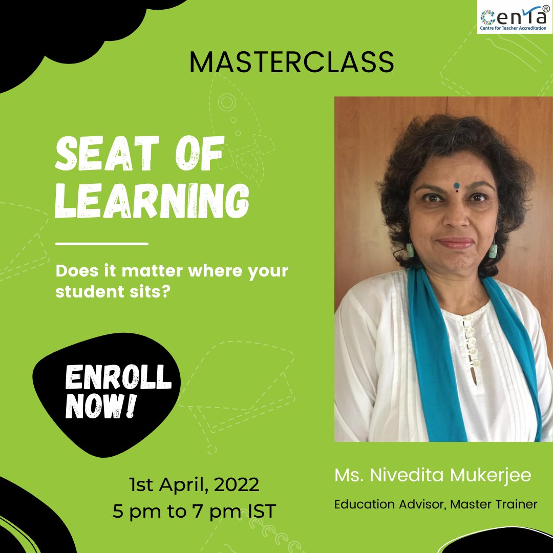 CENTA_Team's tweet photo. Masterclass: Seat of Learning. Does it matter where your student sits?

In this masterclass, we will try and answer the following questions: What do we understand by “classroom layout” and the influence of seating arrangements on learning?

Register now: https://t.co/iGKOUsHQms https://t.co/zVf8SxqJuI